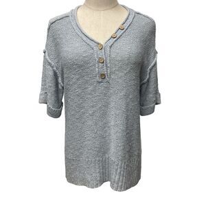 BKE Cozy Baby Blue Knit Henley Sweater with Wooden Buttons Roll-Up Sleeves Seams